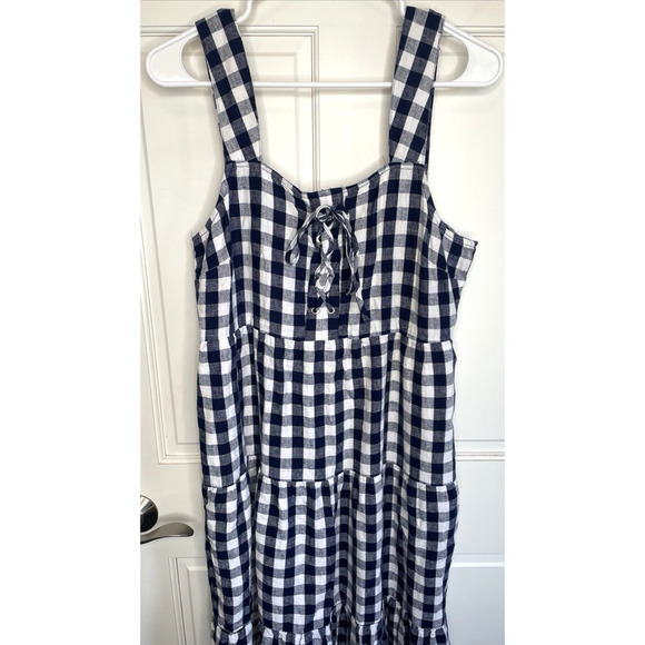 NWT Who What Wear Women's Tiered Maxi Dress Sz M Linen Blend Gingham Fisherman - Picture 2 of 15